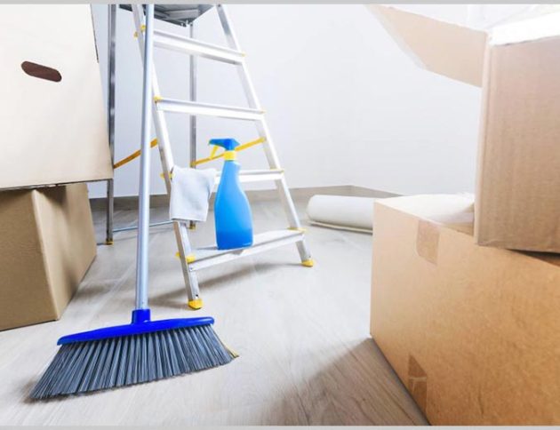 Cleaning equipments, portable ladder and boxes for trash and spray gun with cleaning liquid