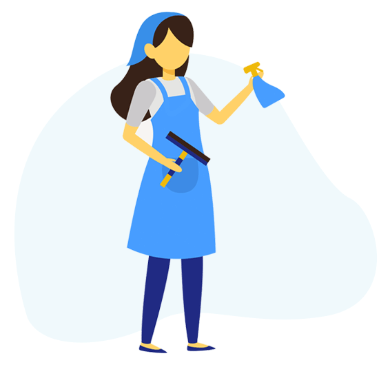 2d animated avatar of a female cleaner with mirror cleaning spray gun and wiper in her hands